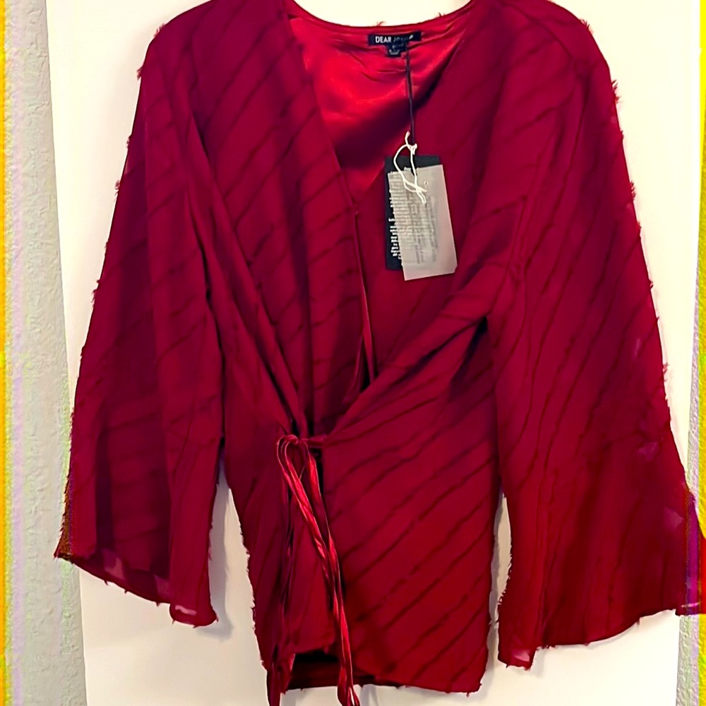Dear John Rosalyn Wrap Blouse Brick Red V-neck Bell Sleeve w/ Eyelash Top Size M